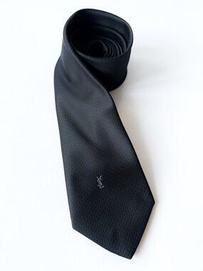 YSL Yves Saint Laurent Men Black Embroidered Logo Tie Luxury Designer Minimal